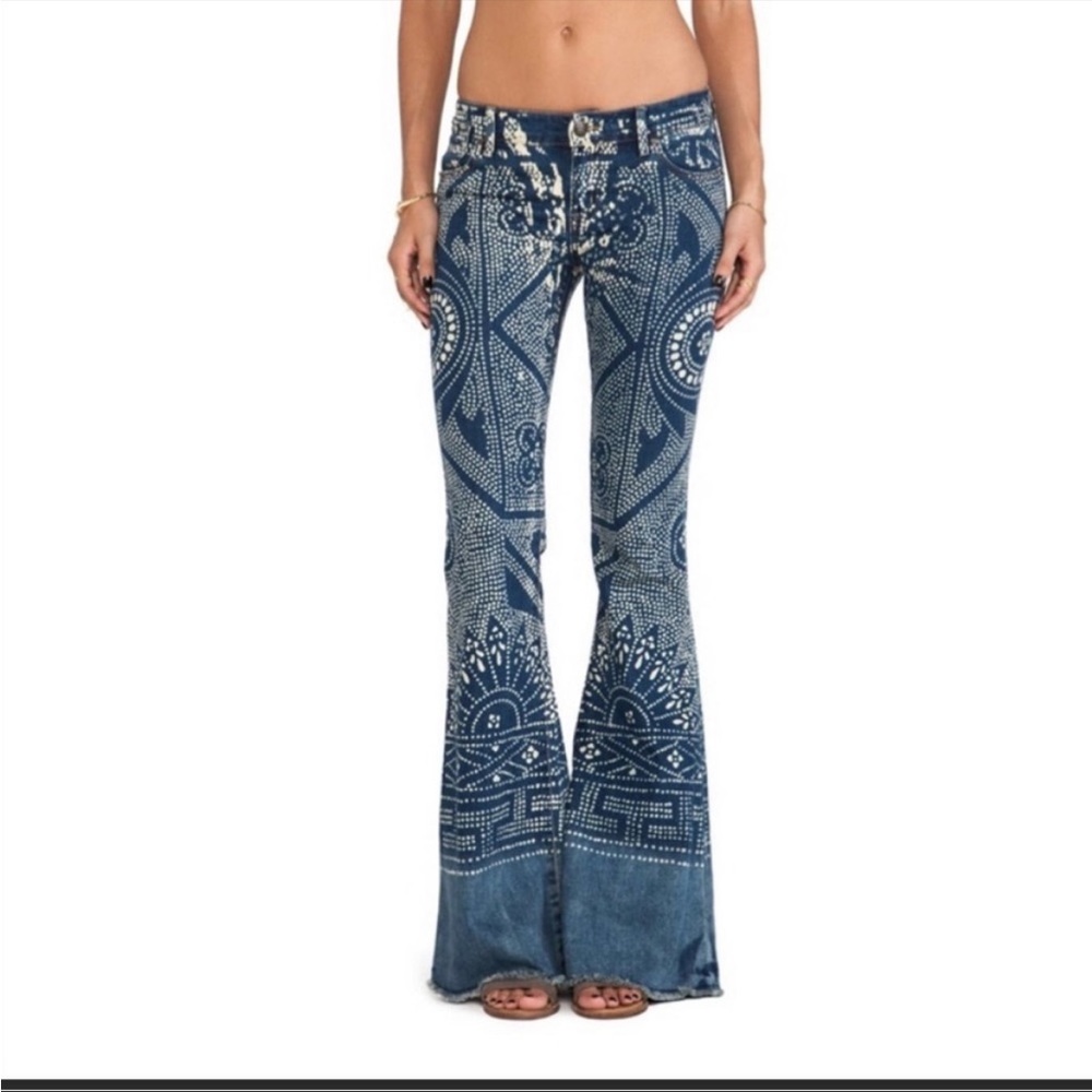 Free People Discharge Bali Geometric Printed Flare Bell Bottom Denim Jeans